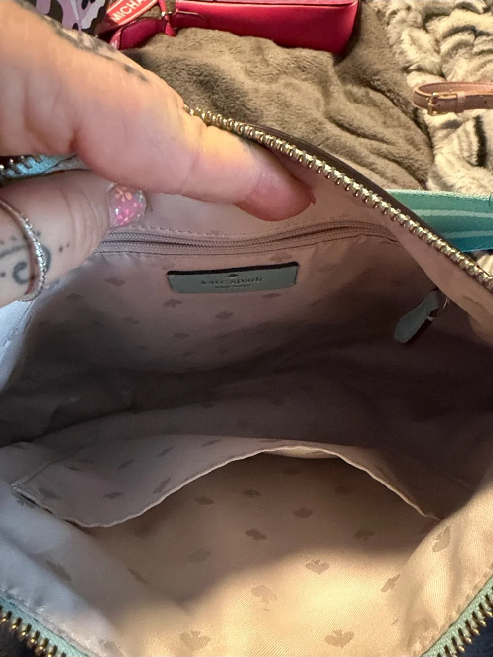 kate spade Light Blue Leather Hobo Shoulder Bag with Striped Strap